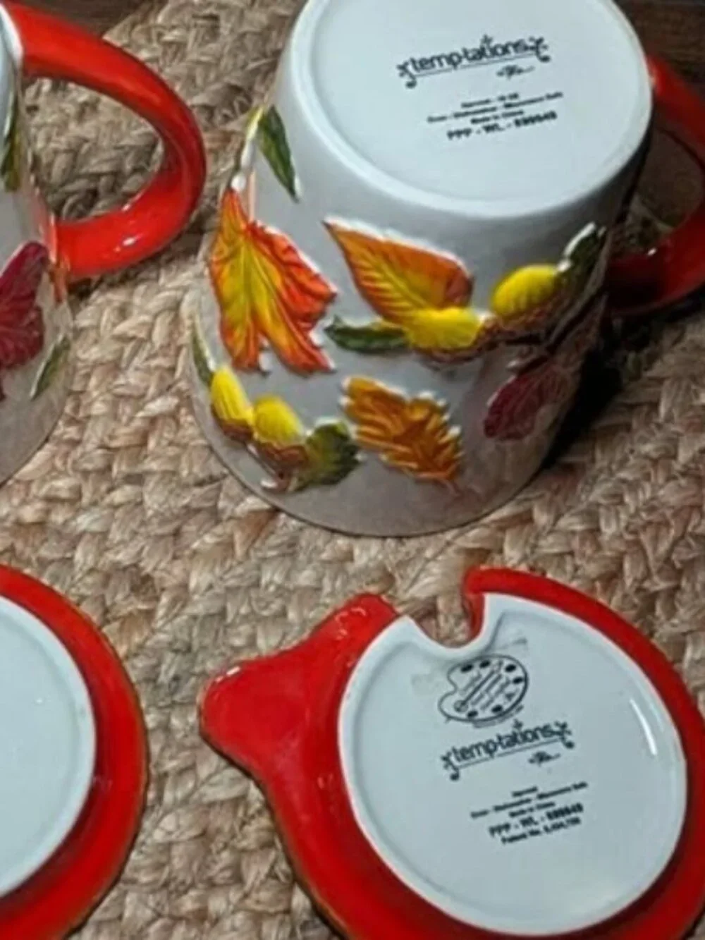 Temp-tations by Tara Autumn Harvest Mug Set Saucer Spoon Embossed Leaf & Acorn